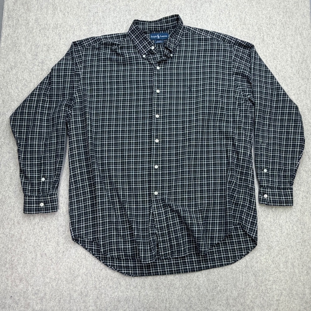 Ralph Lauren Shirt Mens XL Blake Button Down Black Grid Check Prep Dark Academia